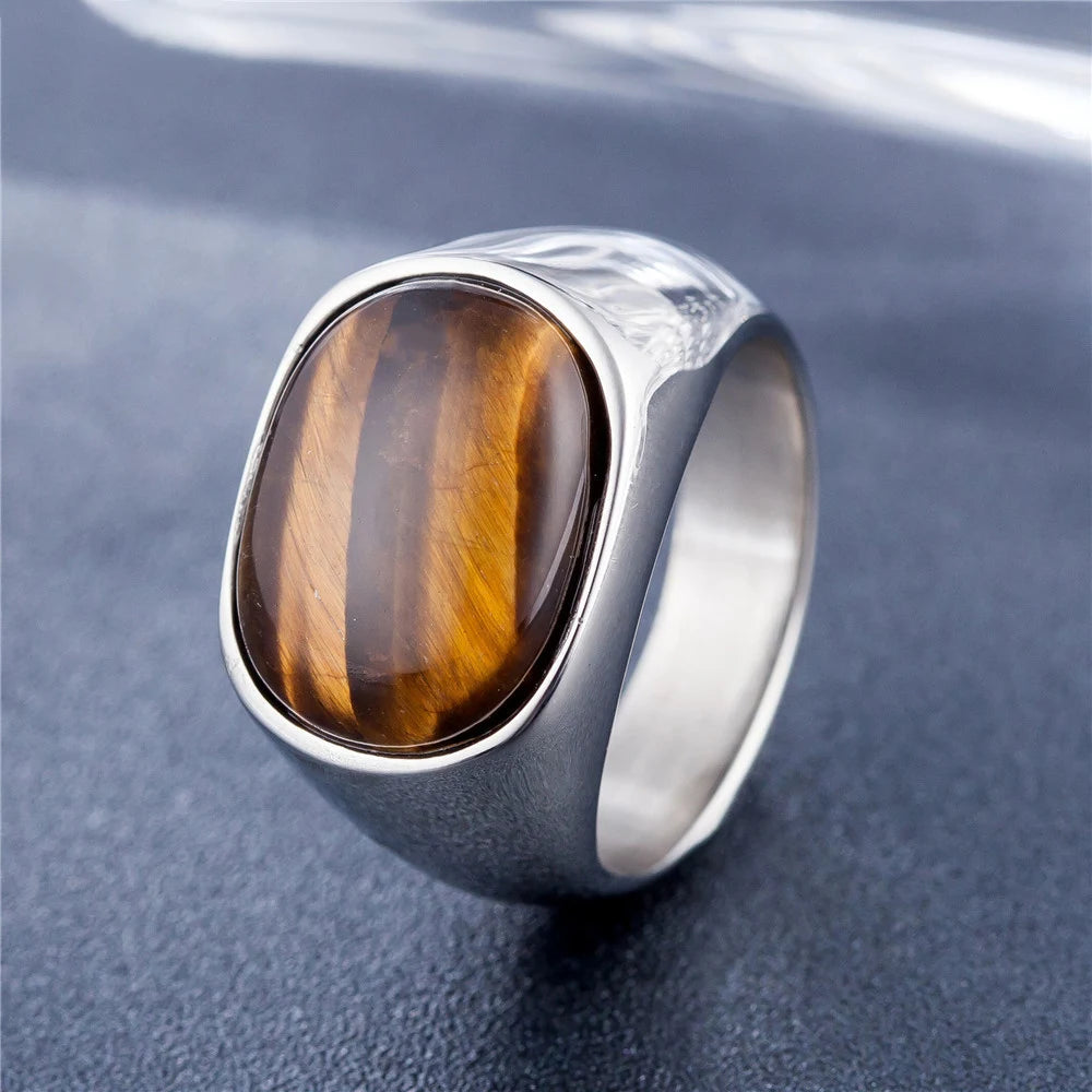 Gold/steel Color Retro Tiger Eye Brown Stones Rings For Men Women Classic Elegant Simple Stainless Steel Stone Ring Jewelry Gift
