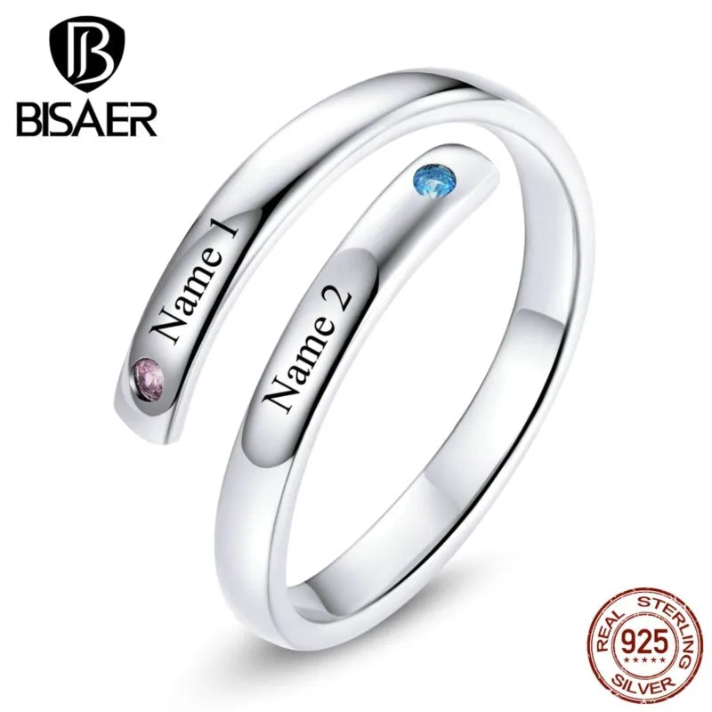 BISAER Custom Personalized Name Ring 100% 925 Sterling Silver Ring For Women Engraved Adjustable Finger Ring Best Gift ECR747