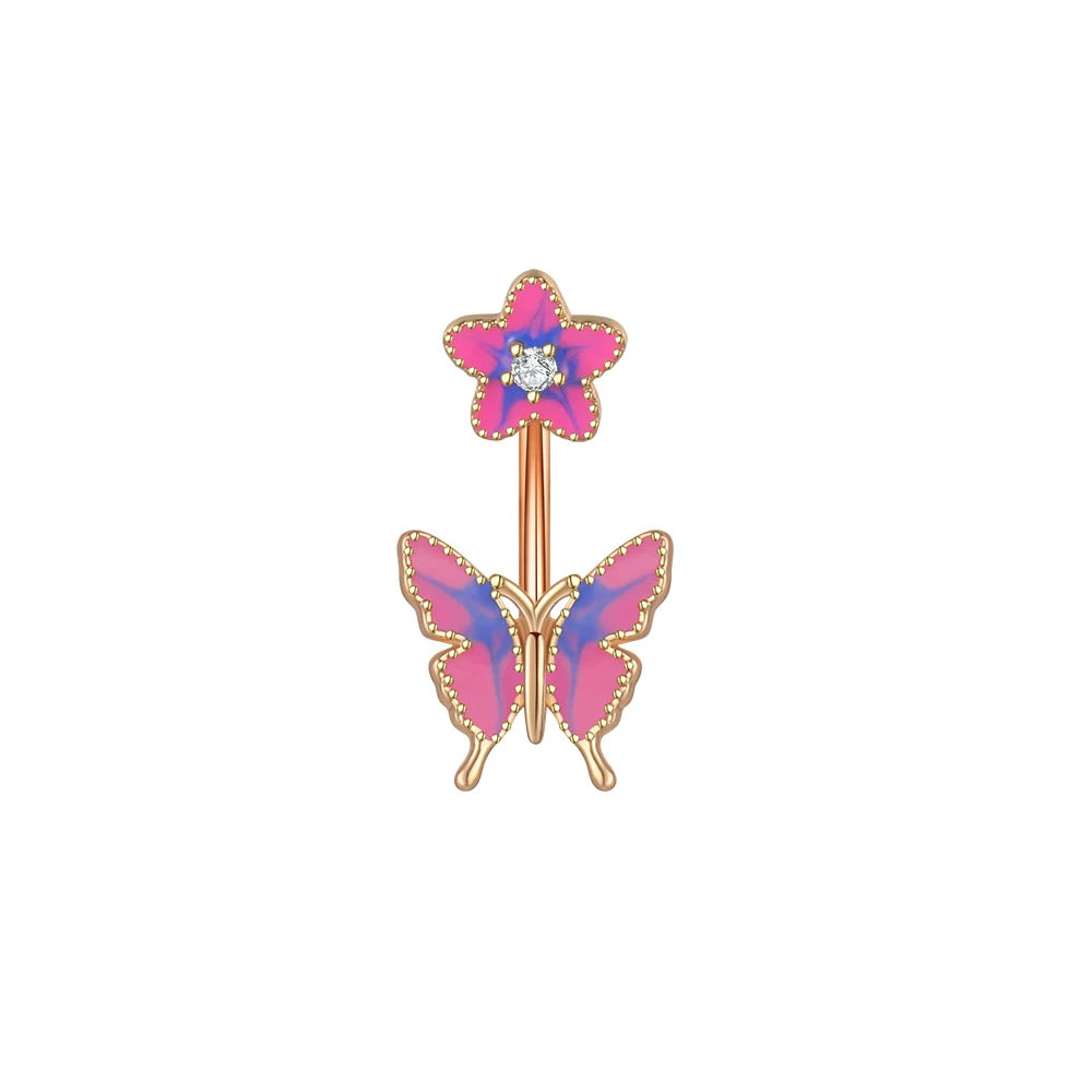 Stainless Steel Navel Piercing Blue Pink Dance Belly Rings Body Piercing Jewelry 14G Butterfly Belly Button Ring for Women Girls