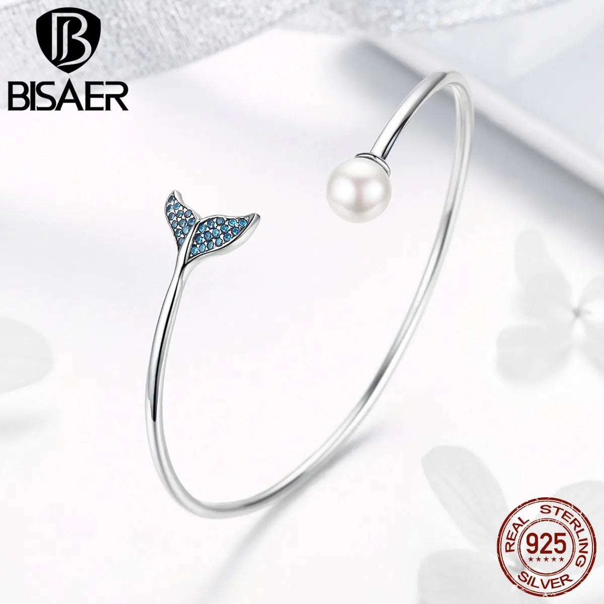 BISAER 925 Sterling Silver Mermaid's Tail Tear Open Bracelets Pearl Women Bracelets & Bangles Original Jewelry Holiday Gifts