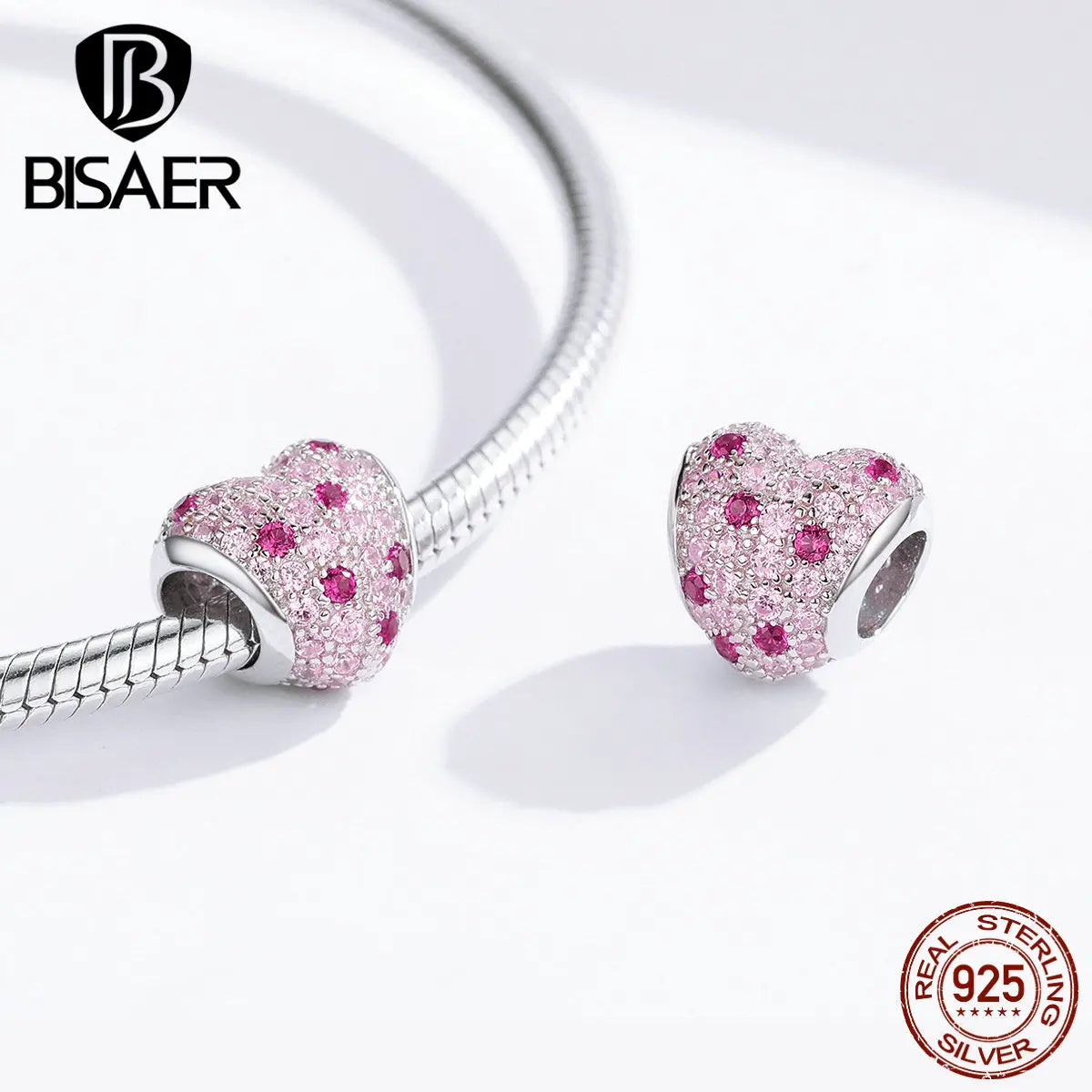 BISAER Christmas Gift 100% 925 Sterling Silver Plum Blossom Beads Flower Pink Zircon Charm Fit Bracelet DIY Jewelry Making