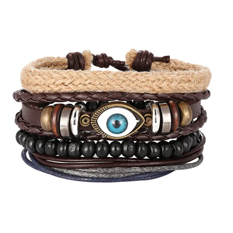 Mix 3/4Pcs/ Set Bracelets & Bangles Mens Leather Bracelets 2019 Vintage Wooden Beads Ethnic Tribal Wristbands Bracelet Evil Eye