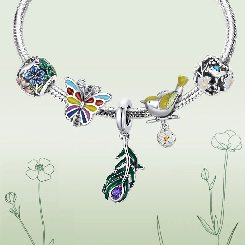 BISAER 925 Sterling Silber Blume Vogel Serie Charm Bee Bead Sonnenblumen Garten Anhänger Für Frauen Armbänder DIY Edlen Schmuck Geschenk