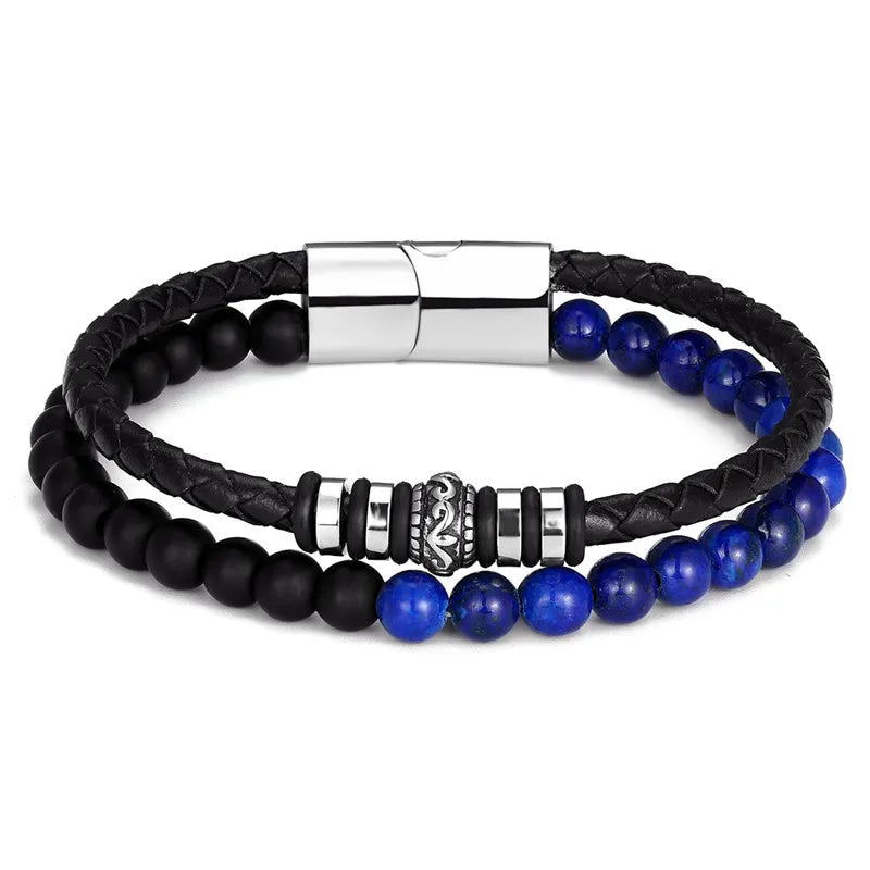 MKENDN  Men Natural Stone Genuine Braided Leather Bracelet  Stainless Steel Magnetic Clasp Iapis lazuli Bead Bracelet Jewelry