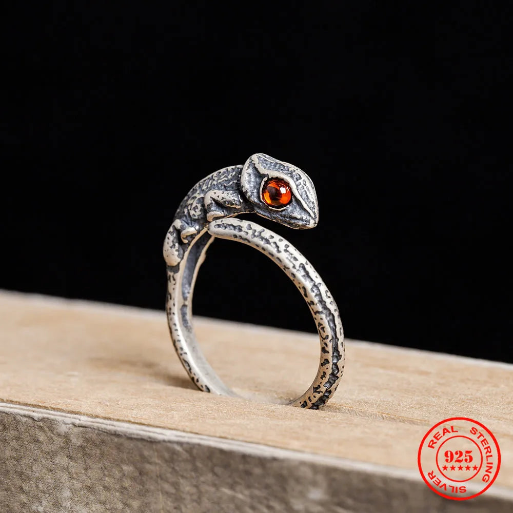 MKENDN Vintage 100% 925 Sterling Silver Chameleon Ring With Red Eyes For Men and Women Gothic Street Hip Hop Punk Jewelry