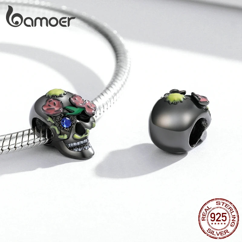 bamoer 925 Sterling Silver Halloween Charm Pumpkin Black Cat Rose Skull Ghost Shoe Witch Cat Gentleman Skull Bead for Bracelet