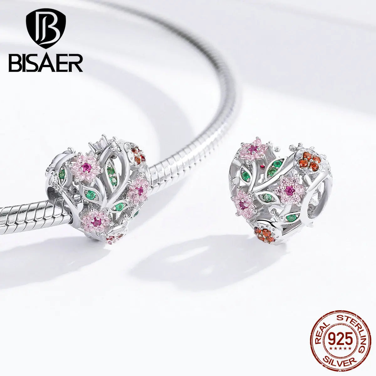 BISAER Christmas Gift 100% 925 Sterling Silver Plum Blossom Beads Flower Pink Zircon Charm Fit Bracelet DIY Jewelry Making