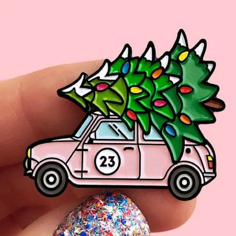 Christma Coffee Cup Car Tree Enamel Pin Hot Time Brooch Denim Jeans shirt bag Christmas Red Green Jewelry Gift for Friends Kids