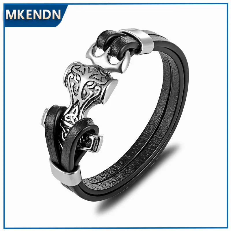 MKENDN Wholesale Punk Multi-layer Stainless Steel Genuine Leather Anchor Skull Bracelet Men Casual Pulseira