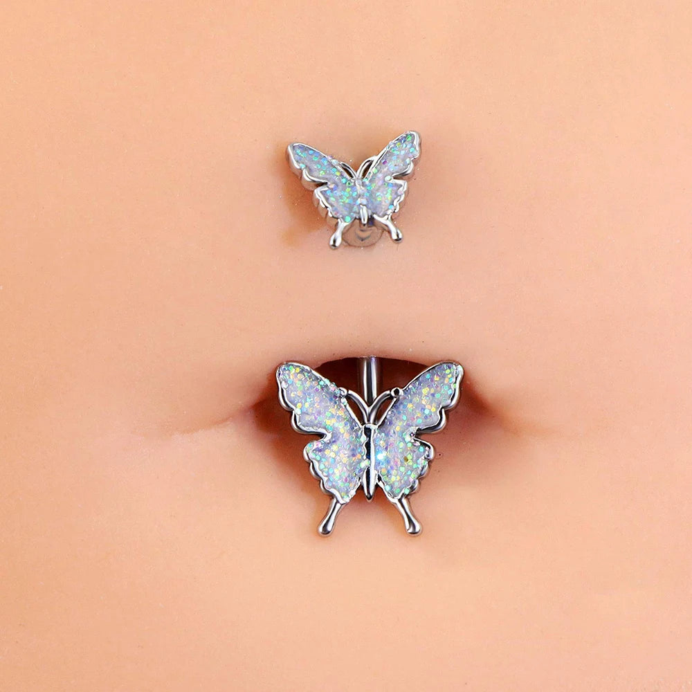 Stainless Steel Navel Piercing Blue Pink Dance Belly Rings Body Piercing Jewelry 14G Butterfly Belly Button Ring for Women Girls