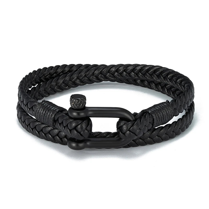 MKENDN Black Shackle Double Strand Leather Rope Bracelet With Stainless Steel Bolt Clasp Men Women Nautical Jewellery