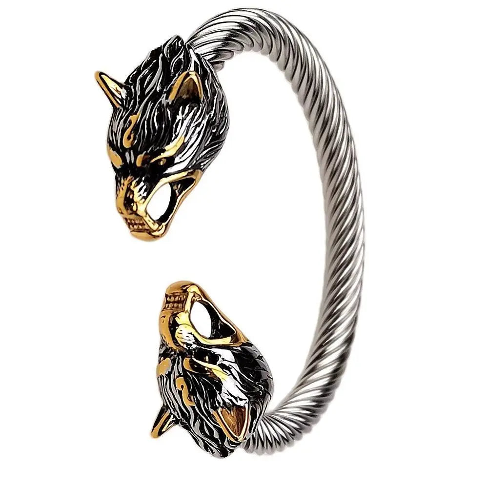 Men's Stainless Steel Viking Wolf Bracelet Mix Gold Color Wolf Punk Bangle Biker Jewelry