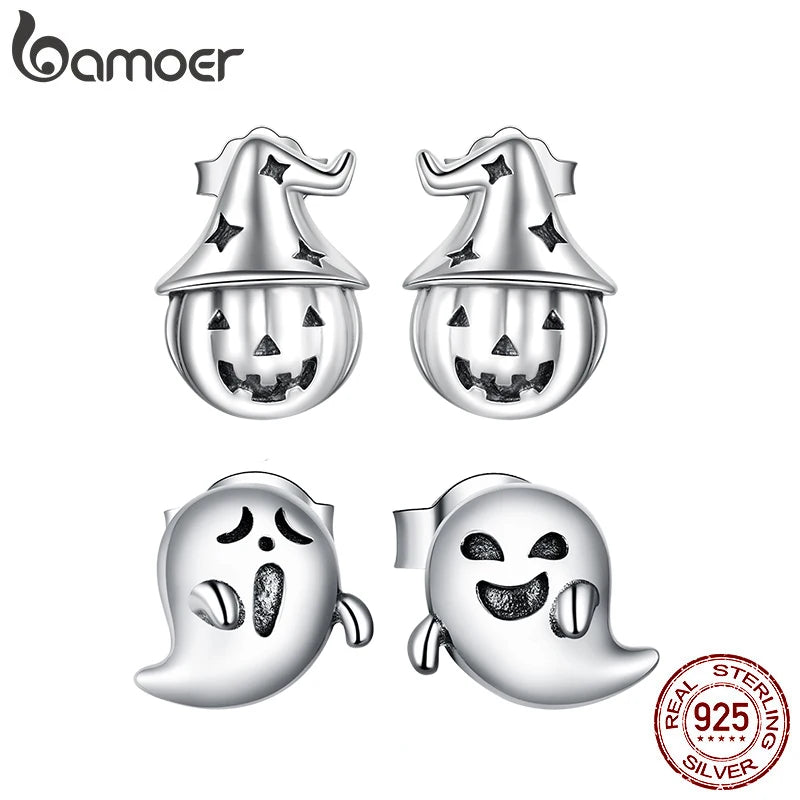 bamoer Vintage 925 Sterling Silver Ghost Witch Halloween Pumpkin Stud Earrings for Women Party Jewelry BSE537