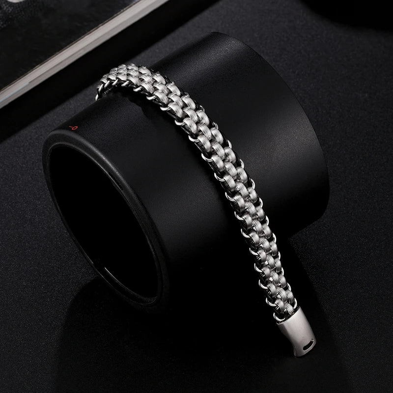 MKENDN locomotive Men Stainless Steel Chain Charm Leather Punk Biker Jewelry Rock Viking Wolf Wristband Fashion Accessories Gift