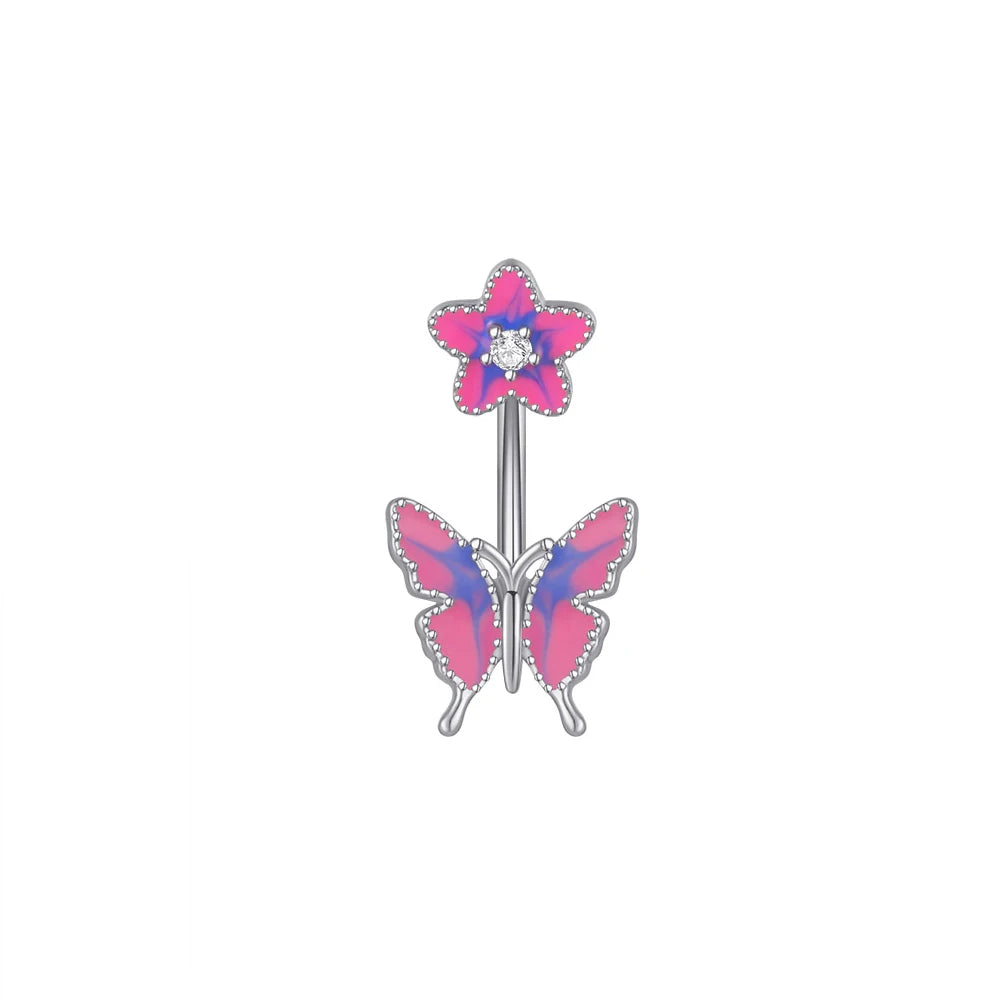 Stainless Steel Navel Piercing Blue Pink Dance Belly Rings Body Piercing Jewelry 14G Butterfly Belly Button Ring for Women Girls