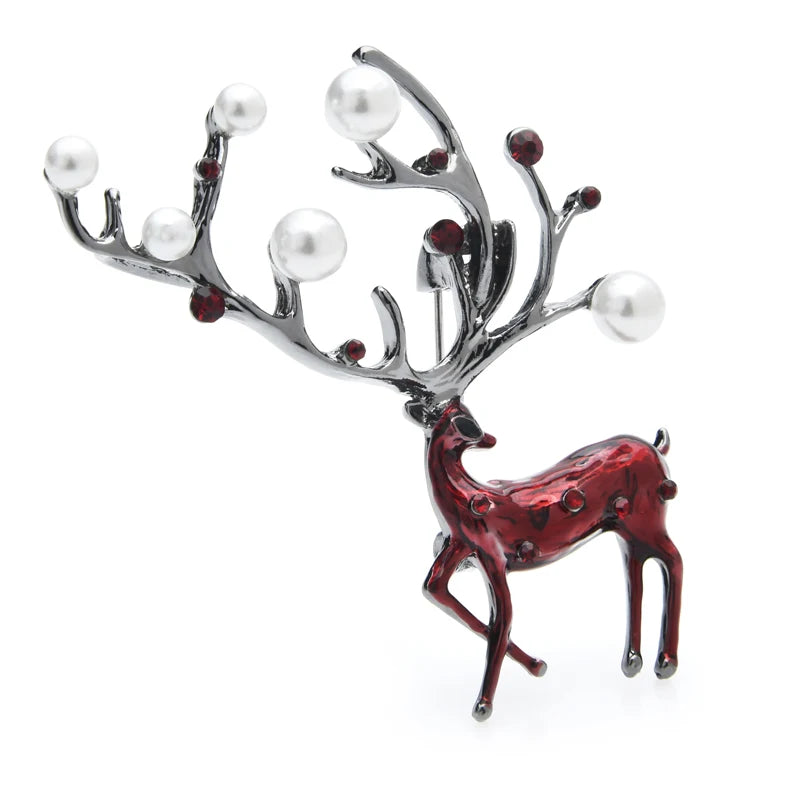 Wuli&baby Red Brown Enamel Deer Brooches Women Alloy Pearl Elk Animal Brooch Pins Gifts