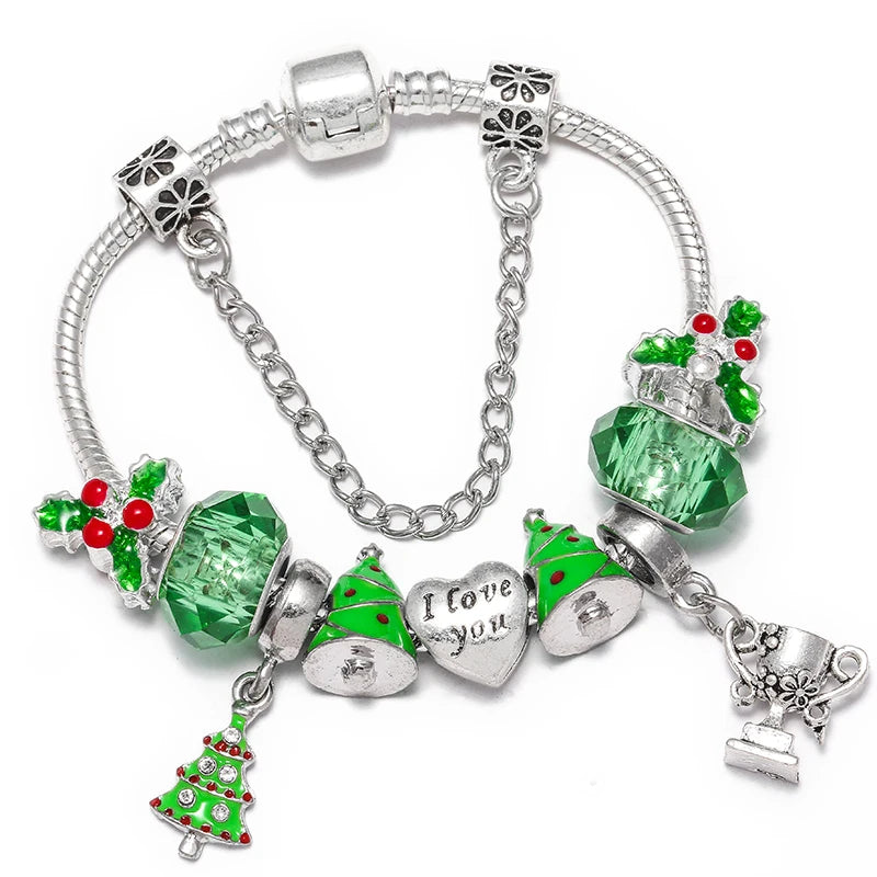 Christmas Tree & Bell Pendant Charm Bracelet Silver Color Bracelet For Women Kids DIY Handmade Xmas Jewelry Gift