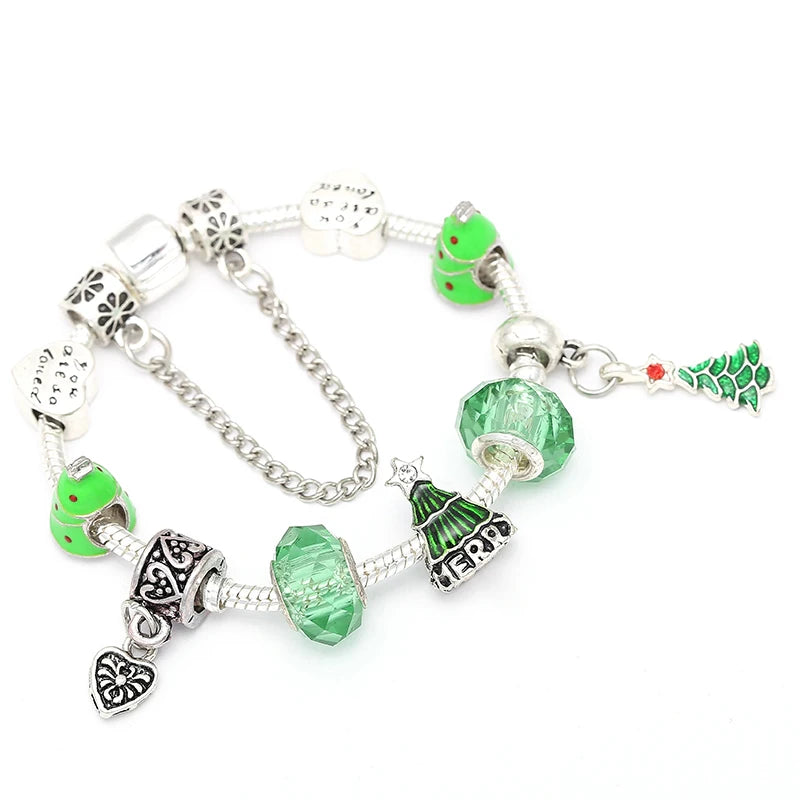 Christmas Tree & Bell Pendant Charm Bracelet Silver Color Bracelet For Women Kids DIY Handmade Xmas Jewelry Gift