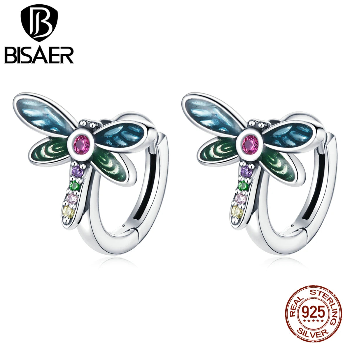 BISAER 925 Sterling Silver Clear CZ Dragonfly Earring For Women Summer New Stud Earrings Green Fashion Silver Jewelry ECE1172