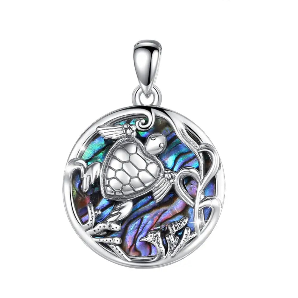 Eudora 925 Sterling Silver Ocean sea turtle Pendant Necklace with Mother of silver animal Blue colorful fine Jewelry for women