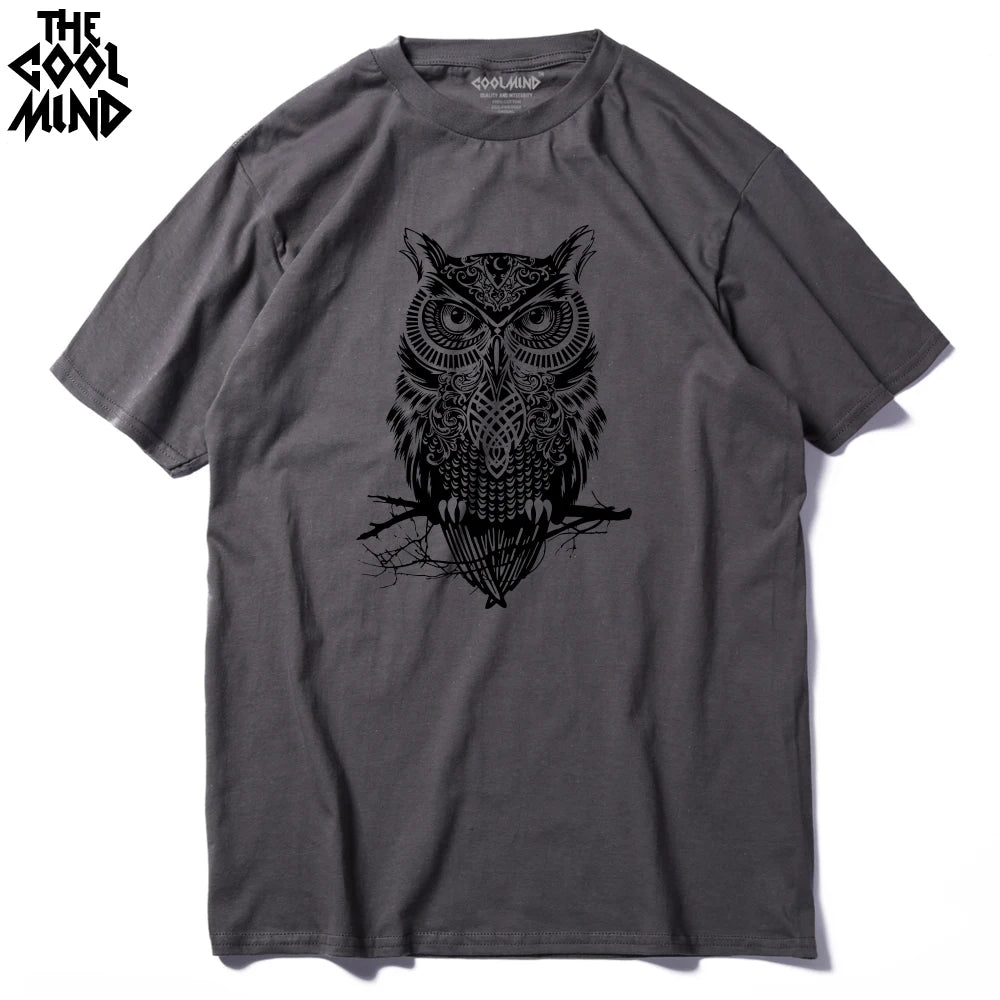 THE COOLMIND Top Quality Cotton Casual Short Sleeve Casual o-neck Loose OWL Printed Men T Shirt