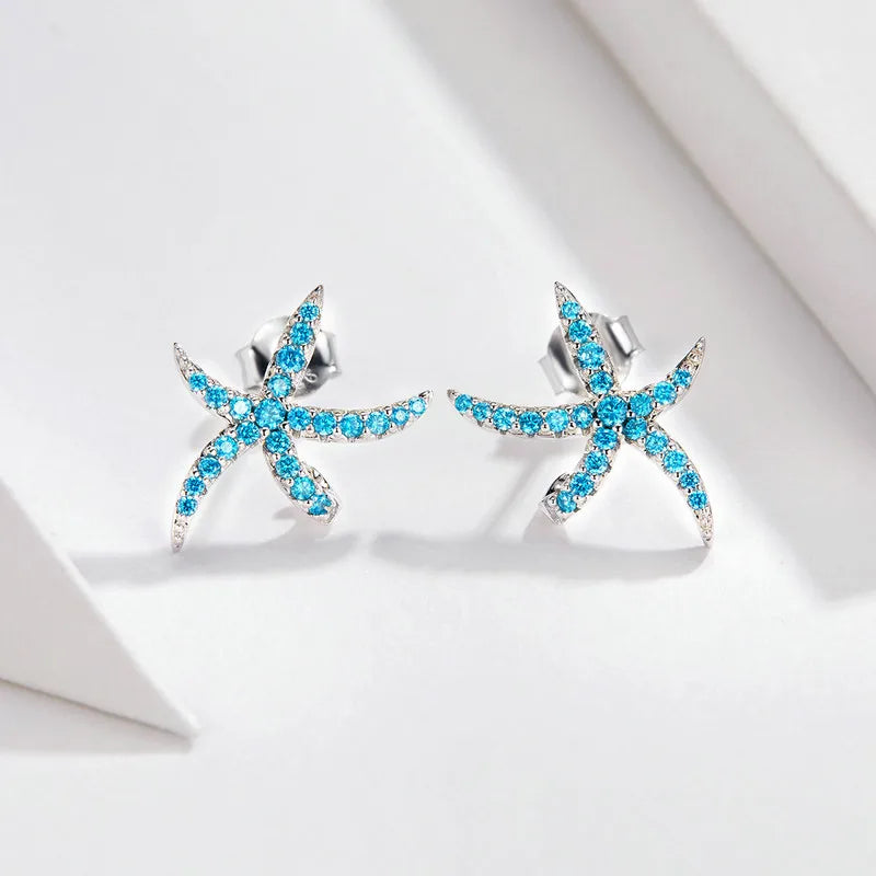 WOSTU 925 Sterling Silver Starfish Stud Earrings Blue Cubic Zircon Earrings For Women Fashion Silver 925 Jewelry CTE136