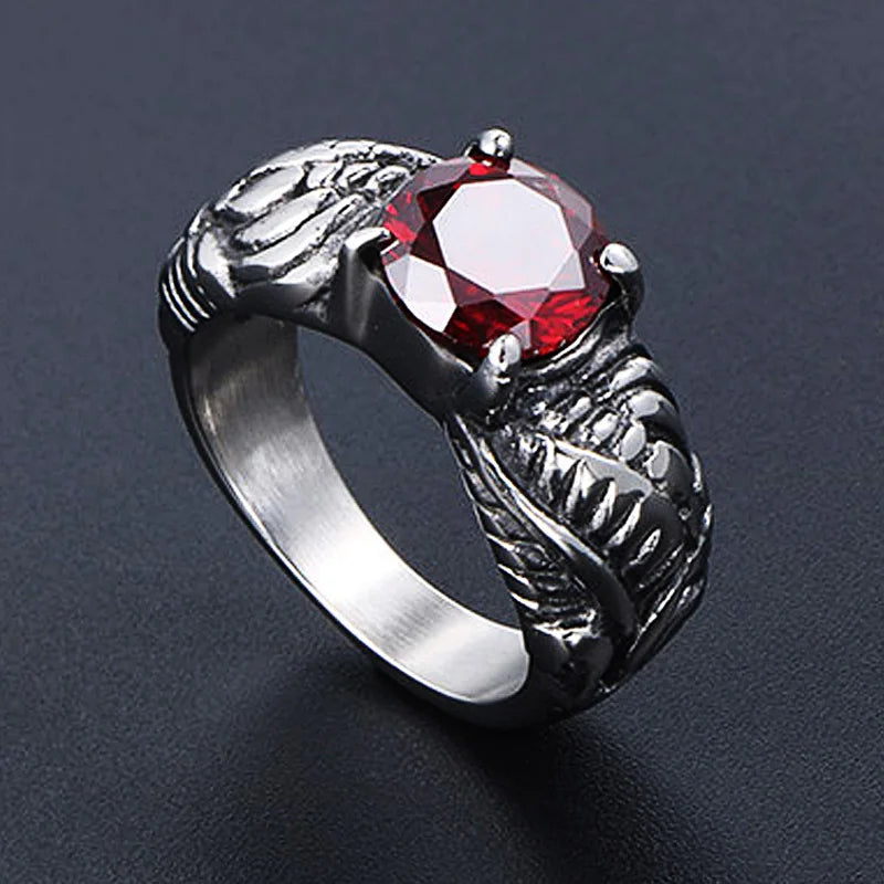 Classic Stainless Steel Red Stone Ring Vintage Silver Color Sculpture Pattern Rings for Women Men Punk Style Jewelry Wholesale