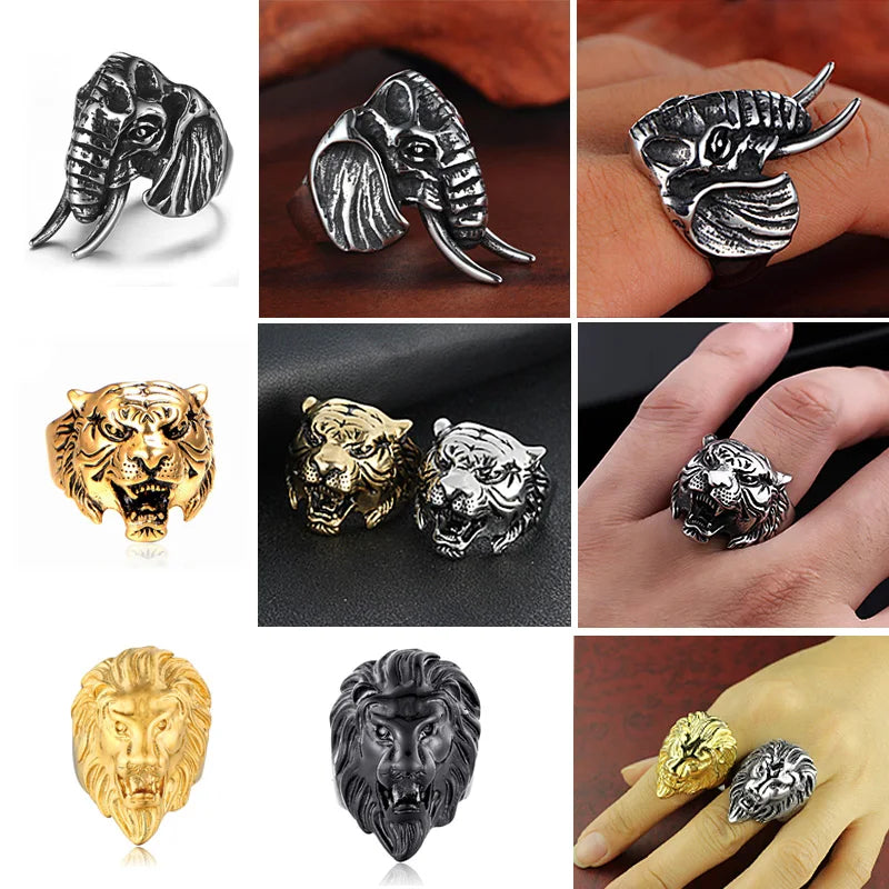 Personality Animal Dragon Elephant Lion Tiger Wolf Rings for Men Stainless Steel Cool Biker Ring Fashion Jewelry Accessories