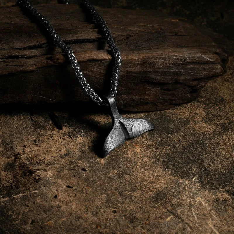 MKENDN Ocean Style Vintage Oxidized Black Stainless Steel Whale Tail Pendant Link Chain Necklace For Men Women Love Jewelry Gift