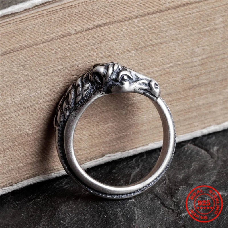 MKENDN Vintage Black 925 Sterling Silver Zodiac Horse Head Finger Ring Punk Biker Rings for Men Male Women Jewelry