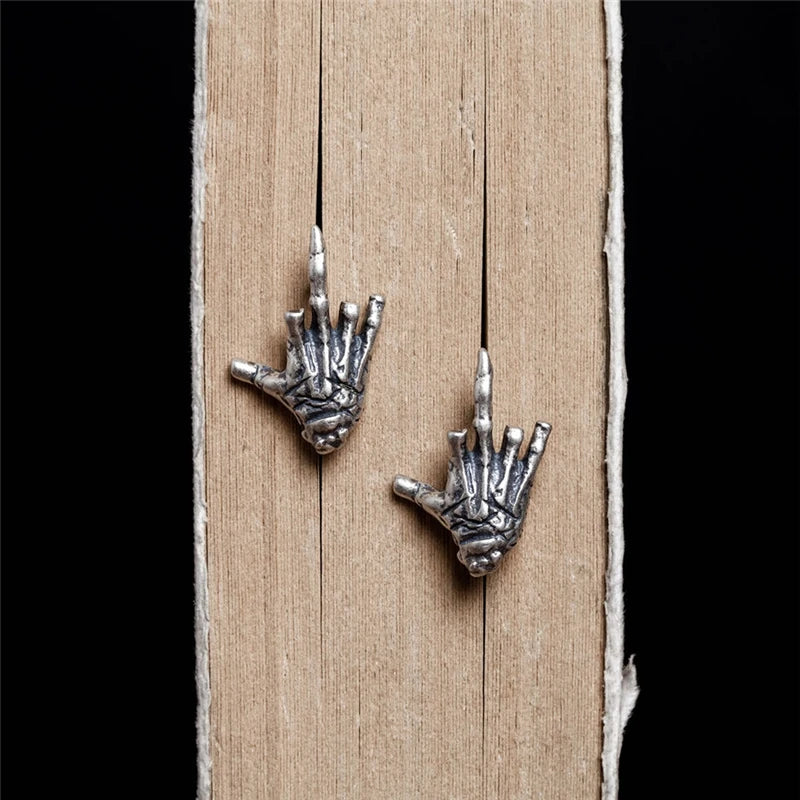 MKENDN 100% 925 Sterling Silver Creative Retro Skull Demon Hand Middle Finger Shape Stud Earring Hip-hop Street Punk Ear Jewelry