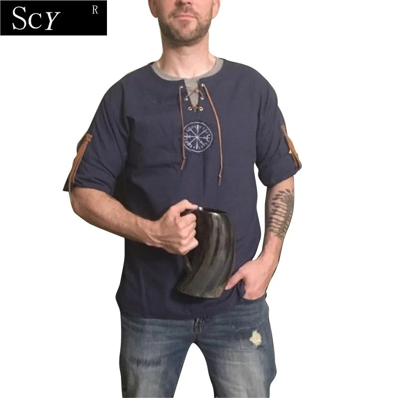 Men Plus Size Shirt Top Ancient Viking Embroidery Lace Up V Neck Long Sleeve Shirt Top For Men's Clothing