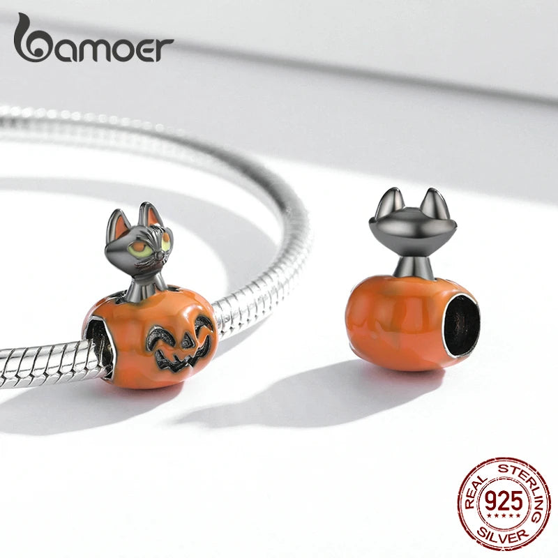 bamoer 925 Sterling Silver Halloween Charm Pumpkin Black Cat Rose Skull Ghost Shoe Witch Cat Gentleman Skull Bead for Bracelet