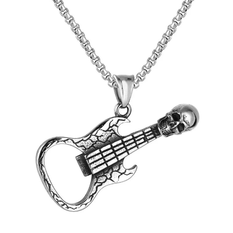 Collar con colgante de guitarra eléctrica con calavera clásica de moda para hombres y mujeres, joyería de fiesta de hip hop para Halloween, regalos