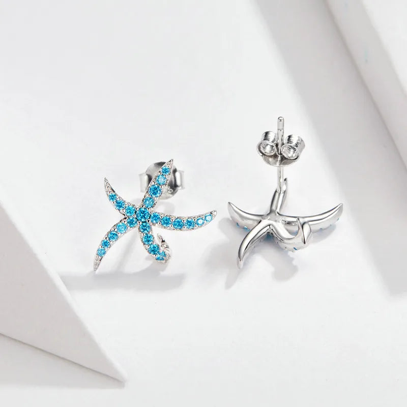 WOSTU 925 Sterling Silver Starfish Stud Earrings Blue Cubic Zircon Earrings For Women Fashion Silver 925 Jewelry CTE136