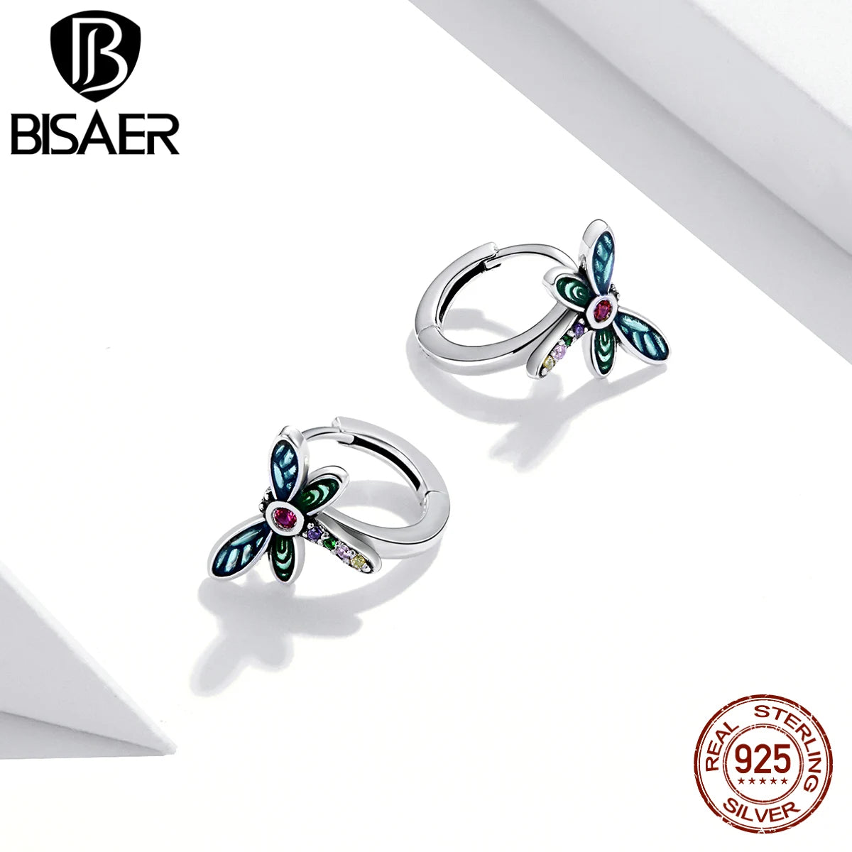 BISAER 925 Sterling Silver Clear CZ Dragonfly Earring For Women Summer New Stud Earrings Green Fashion Silver Jewelry ECE1172