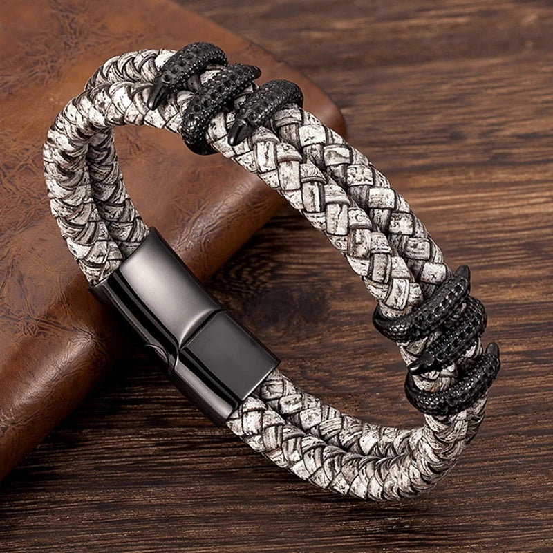 MKENDN Gothic Men Vintage Gray Braided Genuine Leather Bracelet Dragon Claw Homme Femme Bracelets Handmade Jewelry Pulseras