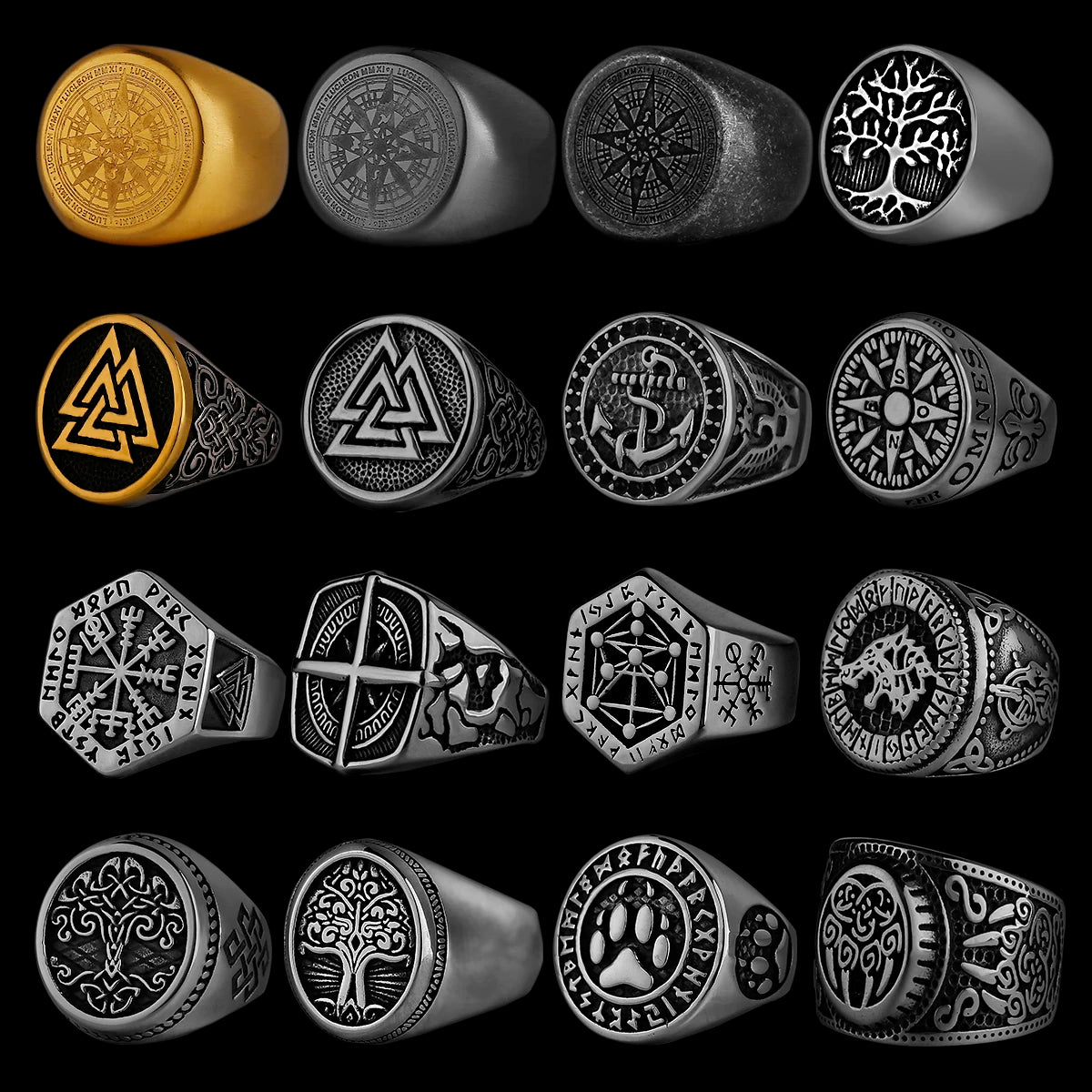 Nordic Viking Stainless Steel Ring Anchor Compass Tree of Life Viking Rune Wolf Men and Women Ring Jewelry Factory Wholesale