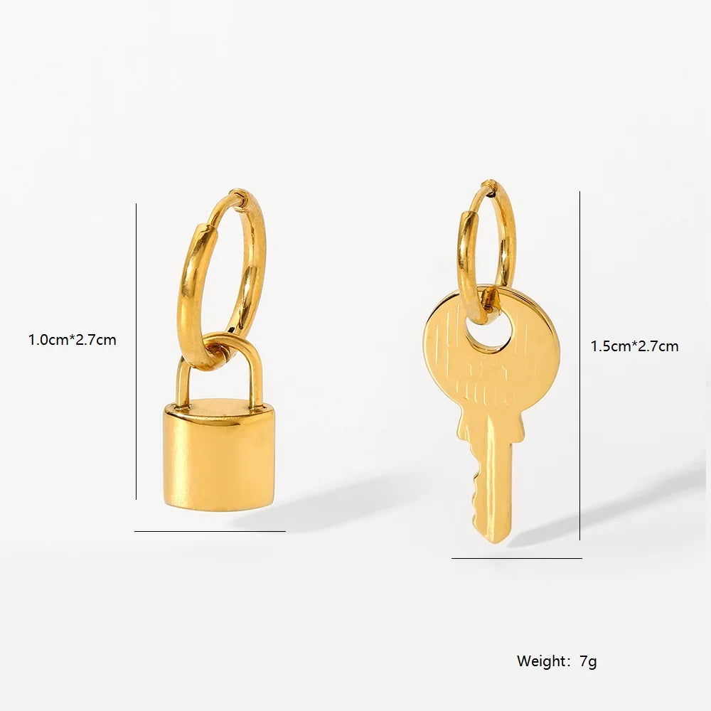 New Stainless Steel Lock Key Asymmetric Pendant Huggie Earrings PVD Gold Plated Dangle Hoop Earrings For Girls Gift