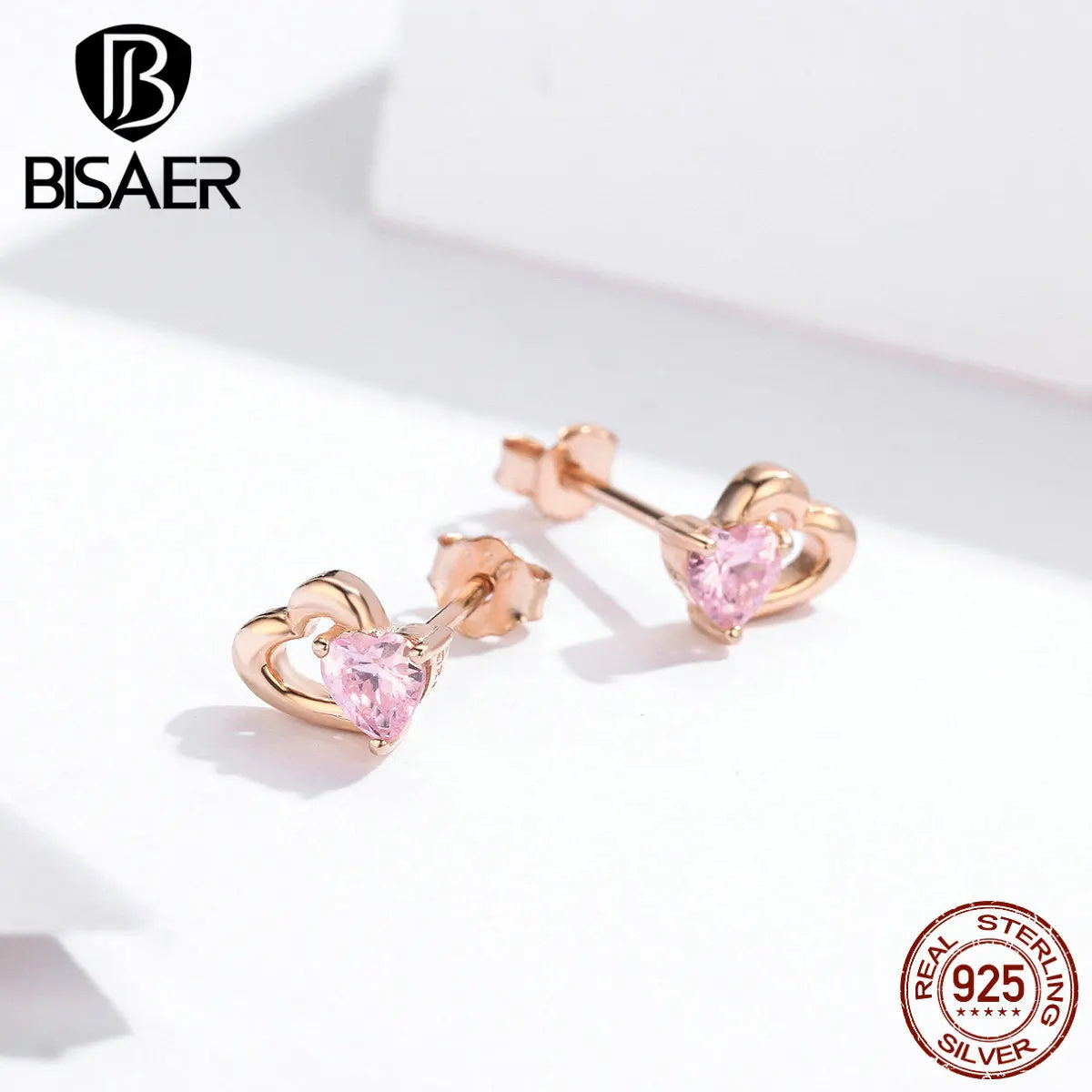 Heart Earrings BISAER 925 Sterling Silver Romantic Love Heart Small Stud Earrings For Women Pink Zircon Wedding Jewelry ECE090