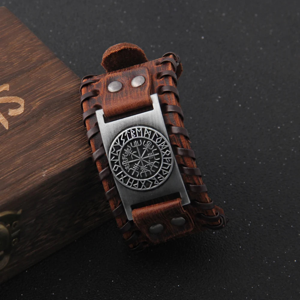 Charm Wide Leather Bracelet Men Punk Braided Rope Alloy Cuff Bangle Male Wristband Viking Bracelet Mens Jewelry with wood box