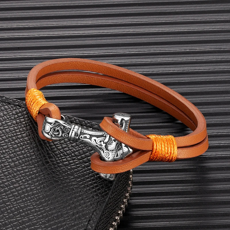 Vintage Thor Mjolnir Hammer Doppelstrang Blaues Lederarmband Edelstahl Herren Nordischer Wikinger Mythologie Schmuck