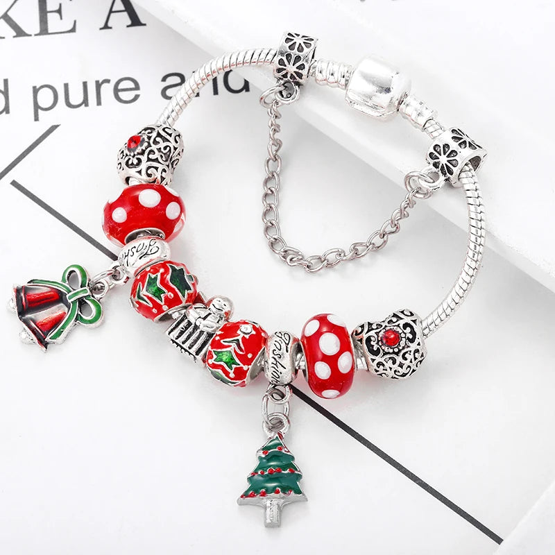 Christmas Tree & Bell Pendant Charm Bracelet Silver Color Bracelet For Women Kids DIY Handmade Xmas Jewelry Gift