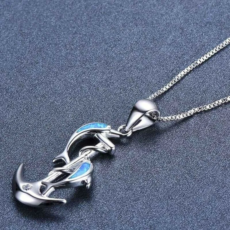 Fashion Lady Silver Dolphin Blue Simulated Opal Pendant Necklace Jewelry