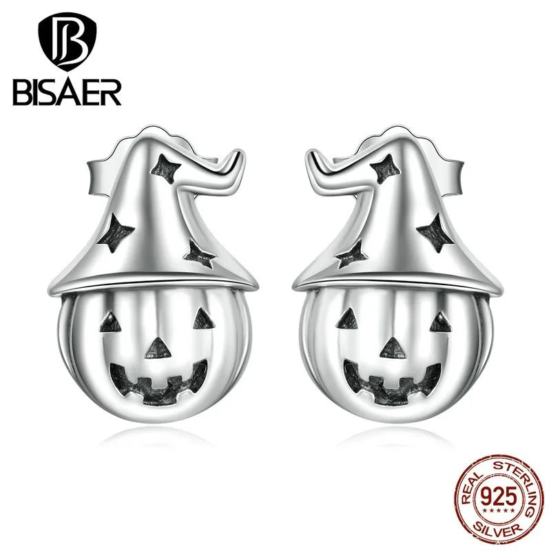 BISAER New 925 Sterling Silver Silver Halloween Pumpkin Stud Earrings For Women Girl Cute Original Trendy Jewelry Making EFE537