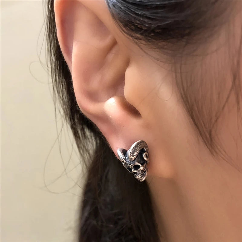 MKENDN 100% 925 Sterling Silver Creative Retro Evil Skull Stud Earring Trendy Street Punk Style For Men Women Fine Jewelry