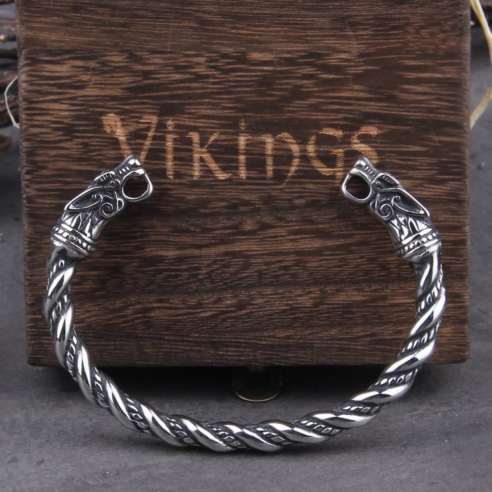 Bracelet en acier inoxydable avec dragon nordique viking pour homme avec boîte en bois viking