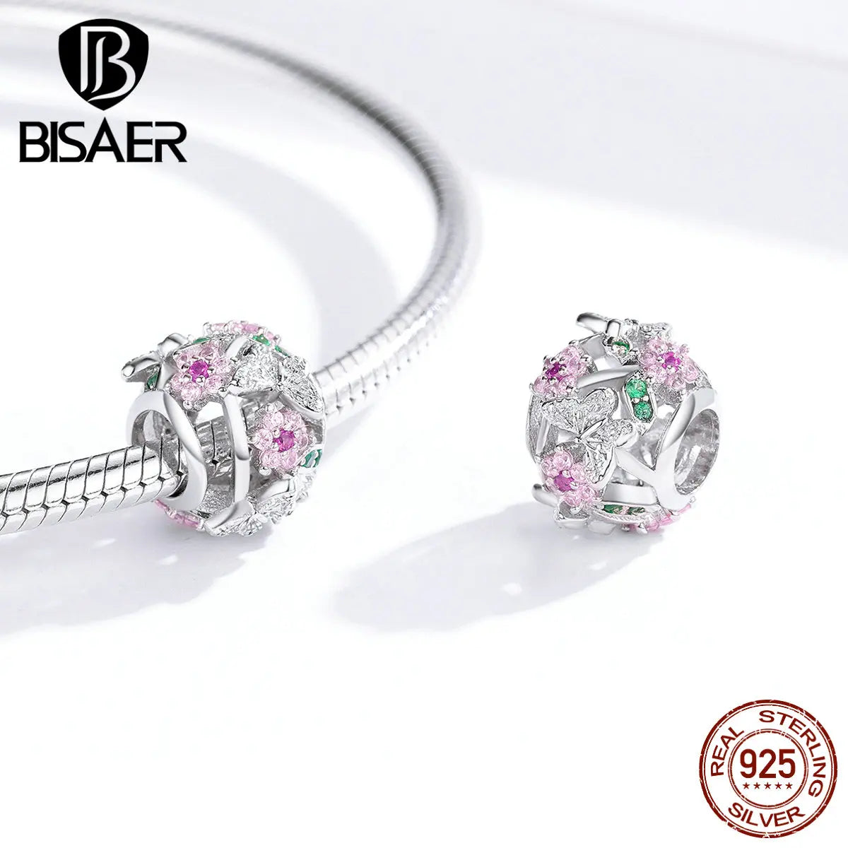 BISAER Christmas Gift 100% 925 Sterling Silver Plum Blossom Beads Flower Pink Zircon Charm Fit Bracelet DIY Jewelry Making