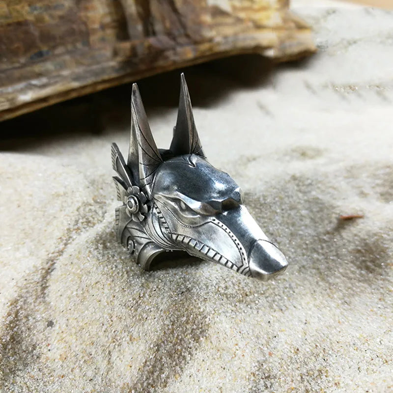 Bague vintage en acier inoxydable avec tête de loup et dieu égyptien Anubis