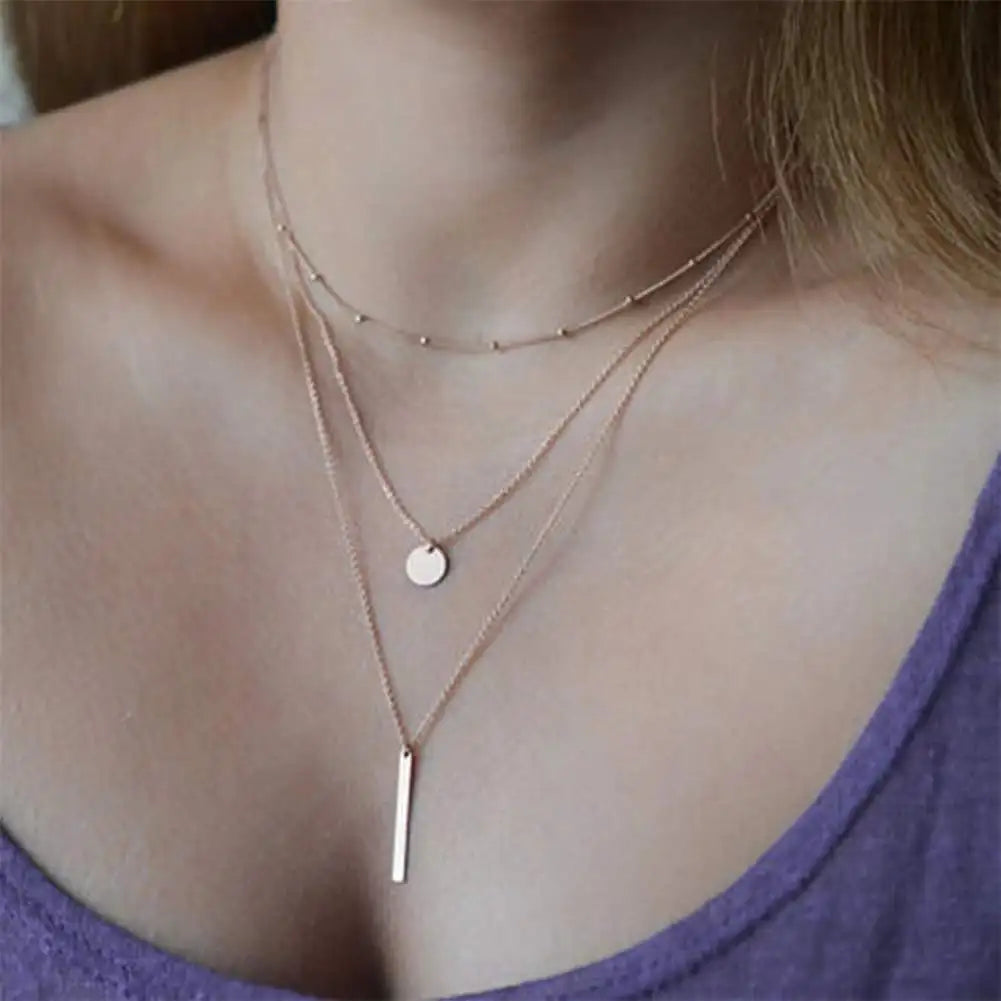 NEW 925 Sterling Silver Simple Three Layer Necklace Shiny Long Bar Pendant Women Wedding Gifts Exquisite Accessories